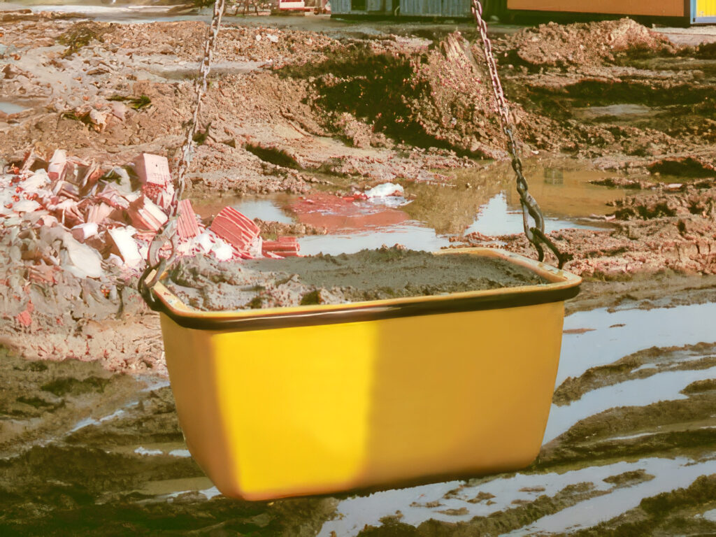 Fertigmörtelkübel Gelb mit Mörtel auf Baustelle an Kran